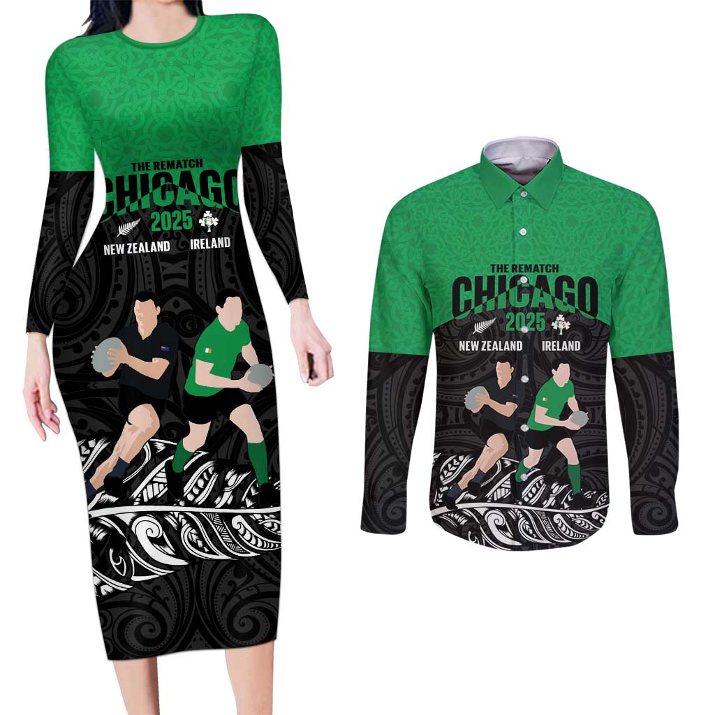 New Zealand and Ireland Rugby Custom Couples Matching Long Sleeve Bodycon Dress and Long Sleeve Button Shirt Chicago 2025 Go All Black Shamrocks - Aussie Hoodie