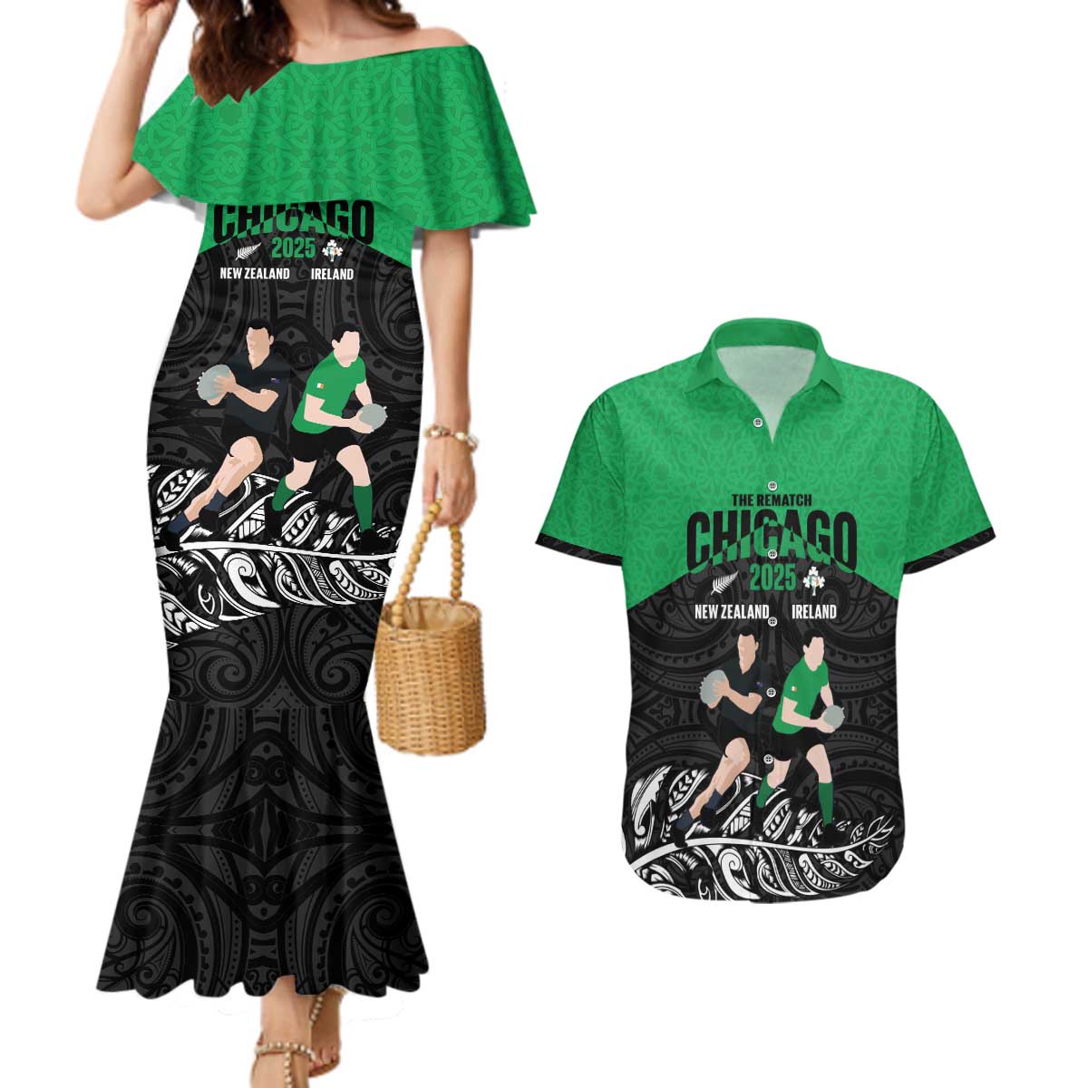 New Zealand and Ireland Rugby Custom Couples Matching Mermaid Dress and Hawaiian Shirt Chicago 2025 Go All Black Shamrocks - Aussie Hoodie