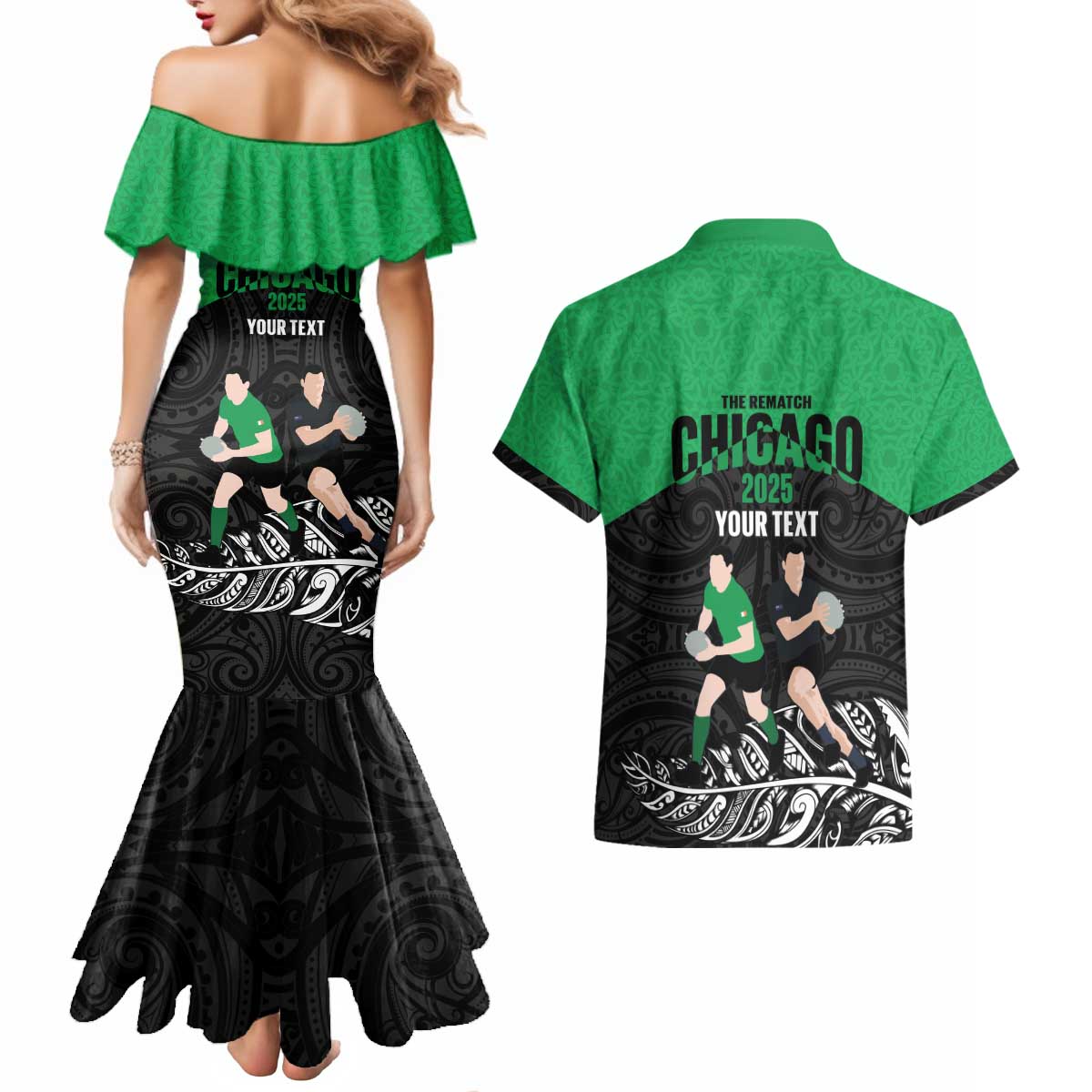 New Zealand and Ireland Rugby Custom Couples Matching Mermaid Dress and Hawaiian Shirt Chicago 2025 Go All Black Shamrocks - Aussie Hoodie
