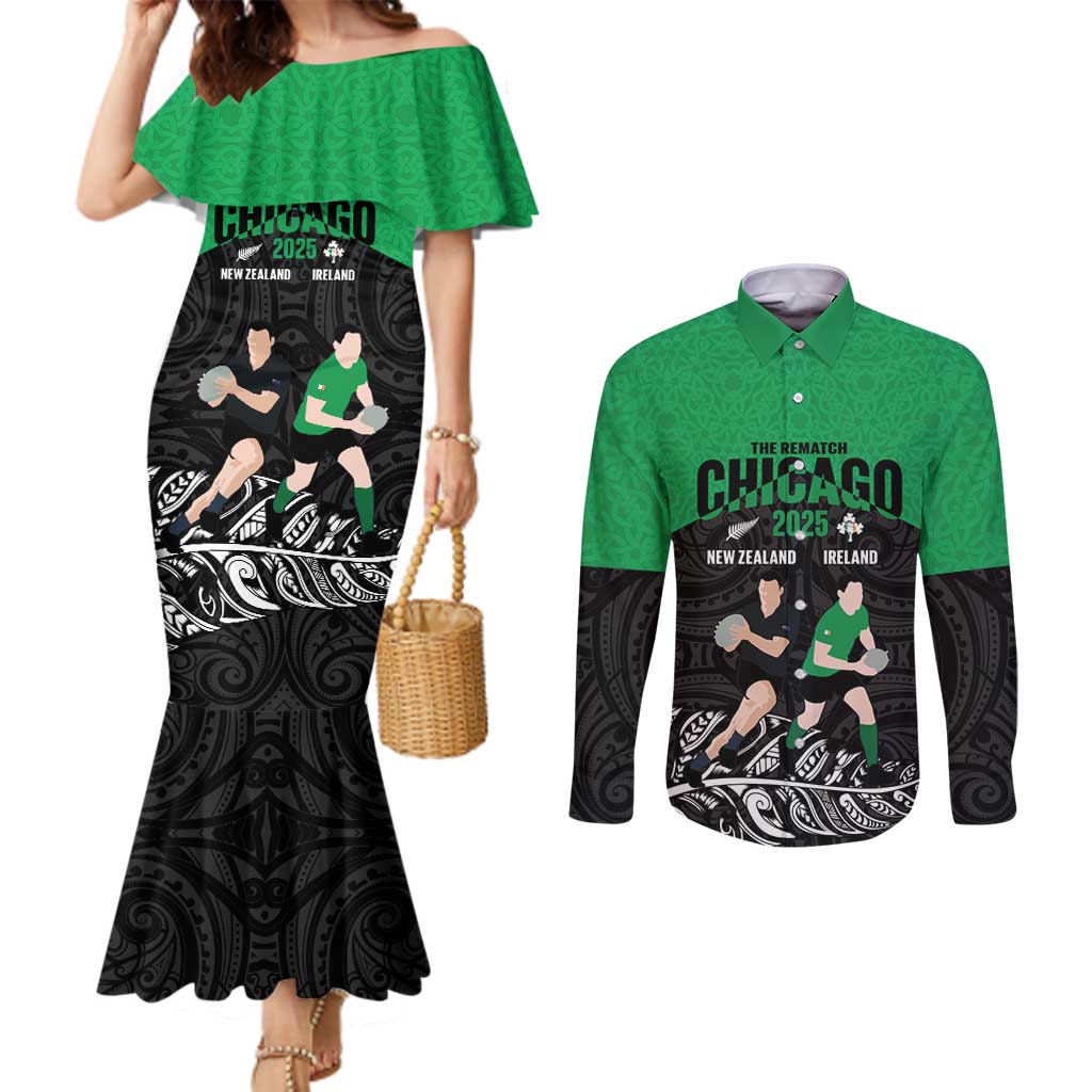 New Zealand and Ireland Rugby Custom Couples Matching Mermaid Dress and Long Sleeve Button Shirt Chicago 2025 Go All Black Shamrocks - Aussie Hoodie