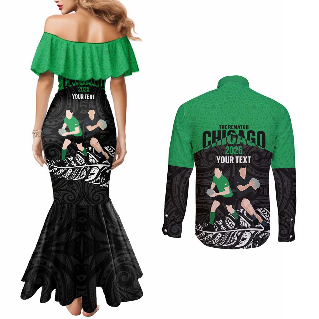 New Zealand and Ireland Rugby Custom Couples Matching Mermaid Dress and Long Sleeve Button Shirt Chicago 2025 Go All Black Shamrocks - Aussie Hoodie
