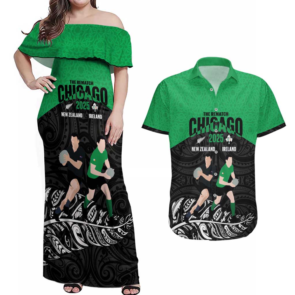 New Zealand and Ireland Rugby Custom Couples Matching Off Shoulder Maxi Dress and Hawaiian Shirt Chicago 2025 Go All Black Shamrocks - Aussie Hoodie