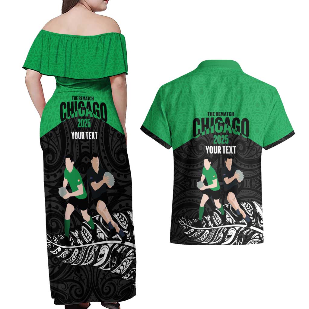 New Zealand and Ireland Rugby Custom Couples Matching Off Shoulder Maxi Dress and Hawaiian Shirt Chicago 2025 Go All Black Shamrocks - Aussie Hoodie