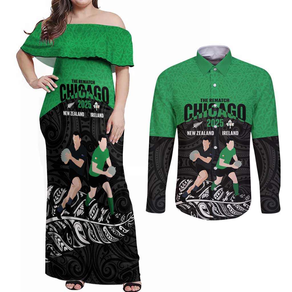 New Zealand and Ireland Rugby Custom Couples Matching Off Shoulder Maxi Dress and Long Sleeve Button Shirt Chicago 2025 Go All Black Shamrocks - Aussie Hoodie