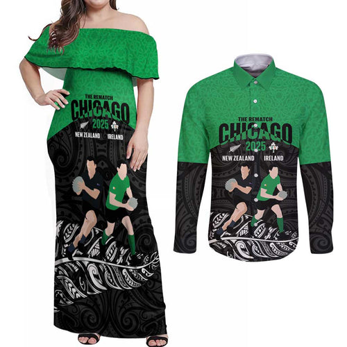 New Zealand and Ireland Rugby Custom Couples Matching Off Shoulder Maxi Dress and Long Sleeve Button Shirt Chicago 2025 Go All Black Shamrocks - Aussie Hoodie