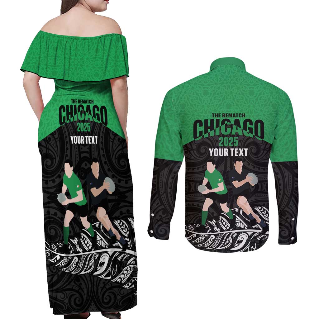 New Zealand and Ireland Rugby Custom Couples Matching Off Shoulder Maxi Dress and Long Sleeve Button Shirt Chicago 2025 Go All Black Shamrocks - Aussie Hoodie