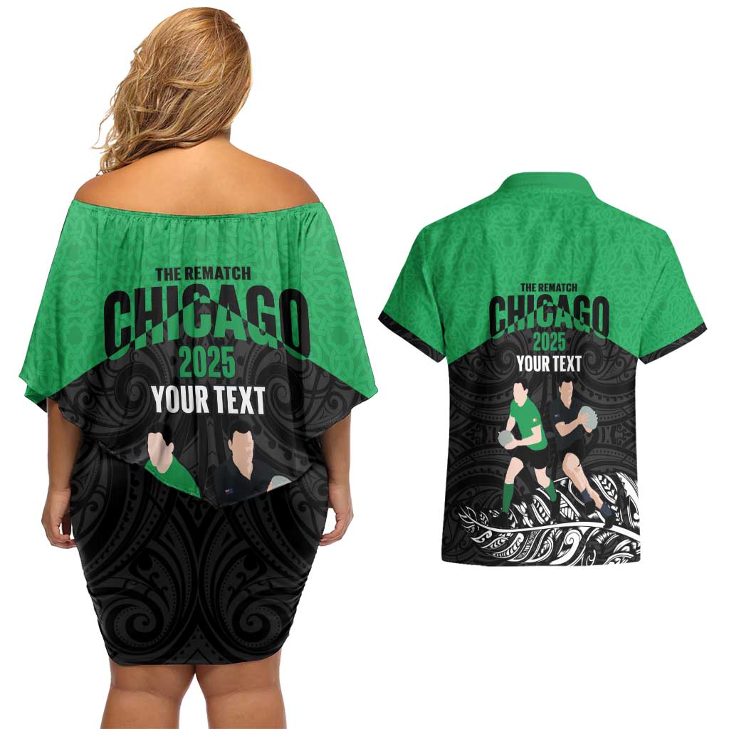 New Zealand and Ireland Rugby Custom Couples Matching Off Shoulder Short Dress and Hawaiian Shirt Chicago 2025 Go All Black Shamrocks - Aussie Hoodie