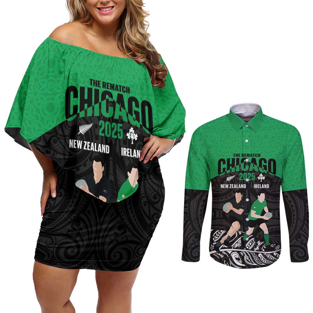 New Zealand and Ireland Rugby Custom Couples Matching Off Shoulder Short Dress and Long Sleeve Button Shirt Chicago 2025 Go All Black Shamrocks - Aussie Hoodie