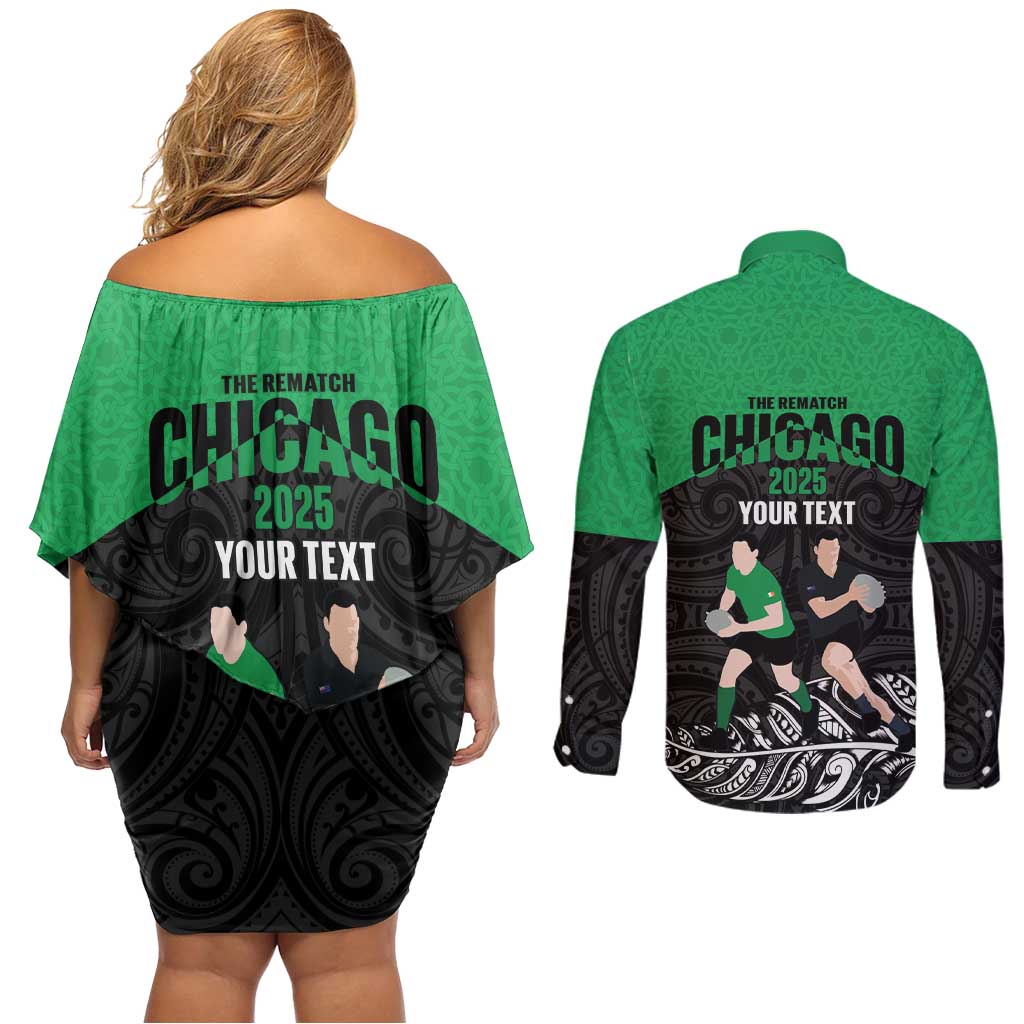 New Zealand and Ireland Rugby Custom Couples Matching Off Shoulder Short Dress and Long Sleeve Button Shirt Chicago 2025 Go All Black Shamrocks - Aussie Hoodie