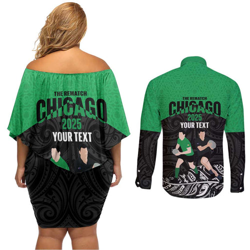 New Zealand and Ireland Rugby Custom Couples Matching Off Shoulder Short Dress and Long Sleeve Button Shirt Chicago 2025 Go All Black Shamrocks - Aussie Hoodie