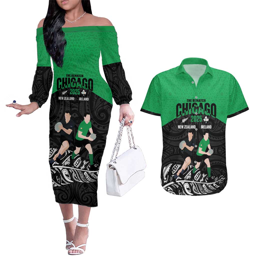 New Zealand and Ireland Rugby Custom Couples Matching Off The Shoulder Long Sleeve Dress and Hawaiian Shirt Chicago 2025 Go All Black Shamrocks - Aussie Hoodie
