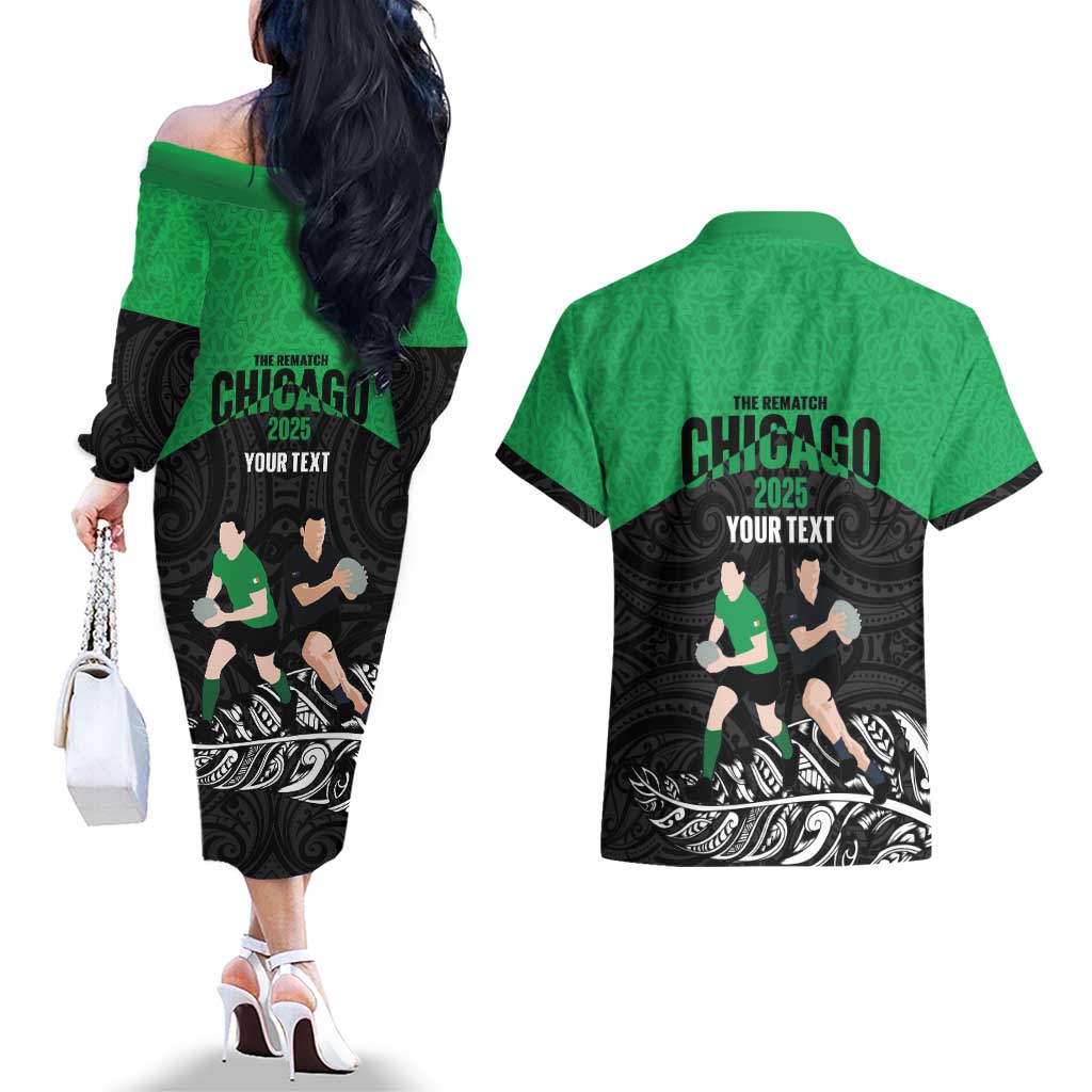 New Zealand and Ireland Rugby Custom Couples Matching Off The Shoulder Long Sleeve Dress and Hawaiian Shirt Chicago 2025 Go All Black Shamrocks - Aussie Hoodie
