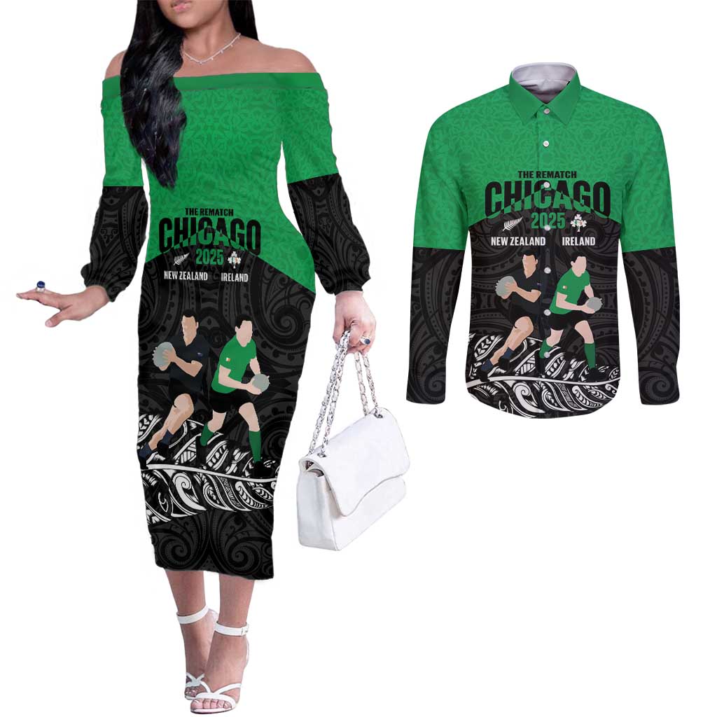 New Zealand and Ireland Rugby Custom Couples Matching Off The Shoulder Long Sleeve Dress and Long Sleeve Button Shirt Chicago 2025 Go All Black Shamrocks - Aussie Hoodie