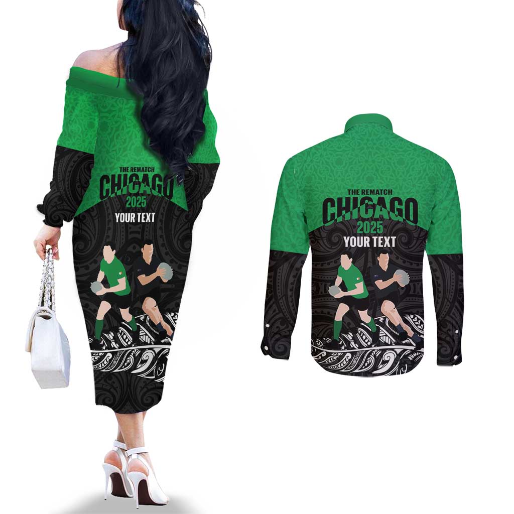 New Zealand and Ireland Rugby Custom Couples Matching Off The Shoulder Long Sleeve Dress and Long Sleeve Button Shirt Chicago 2025 Go All Black Shamrocks - Aussie Hoodie