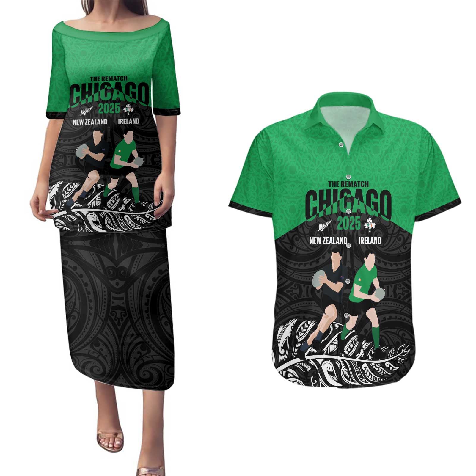 New Zealand and Ireland Rugby Custom Couples Matching Puletasi and Hawaiian Shirt Chicago 2025 Go All Black Shamrocks - Aussie Hoodie