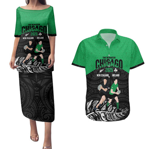 New Zealand and Ireland Rugby Custom Couples Matching Puletasi and Hawaiian Shirt Chicago 2025 Go All Black Shamrocks - Aussie Hoodie