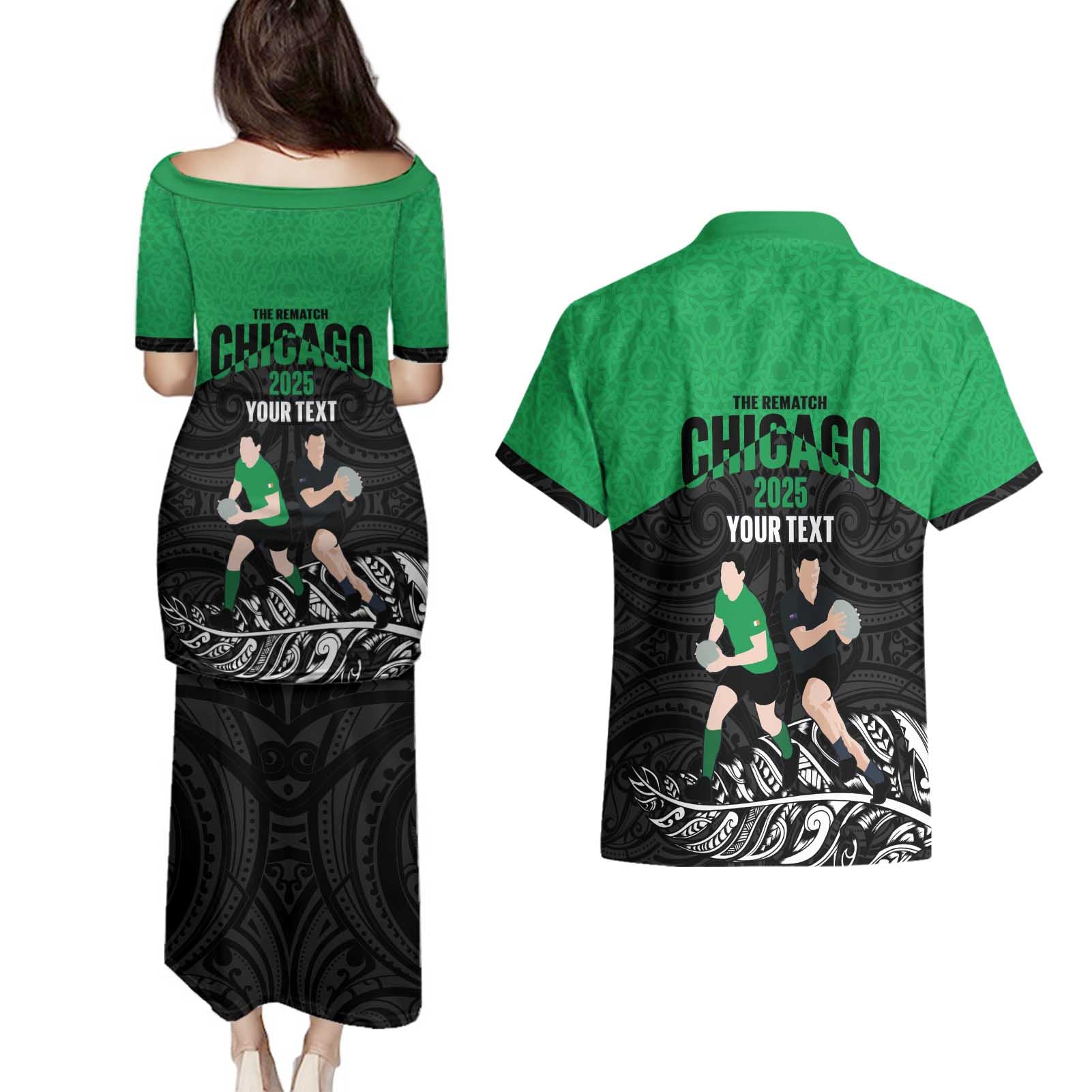 New Zealand and Ireland Rugby Custom Couples Matching Puletasi and Hawaiian Shirt Chicago 2025 Go All Black Shamrocks - Aussie Hoodie