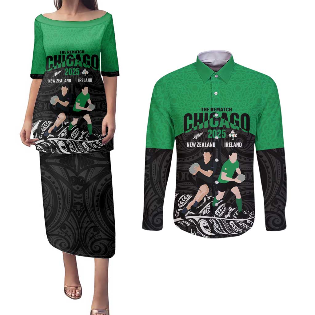 New Zealand and Ireland Rugby Custom Couples Matching Puletasi and Long Sleeve Button Shirt Chicago 2025 Go All Black Shamrocks - Aussie Hoodie