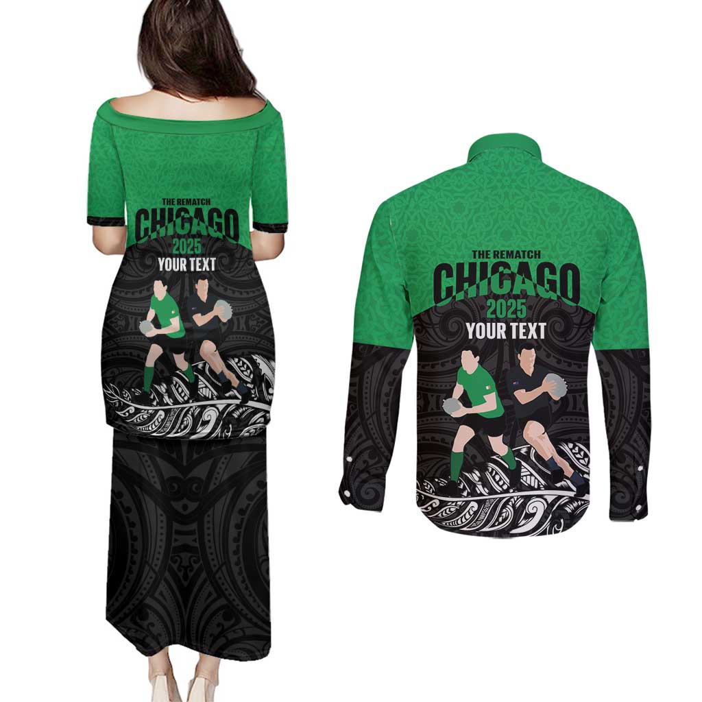 New Zealand and Ireland Rugby Custom Couples Matching Puletasi and Long Sleeve Button Shirt Chicago 2025 Go All Black Shamrocks - Aussie Hoodie
