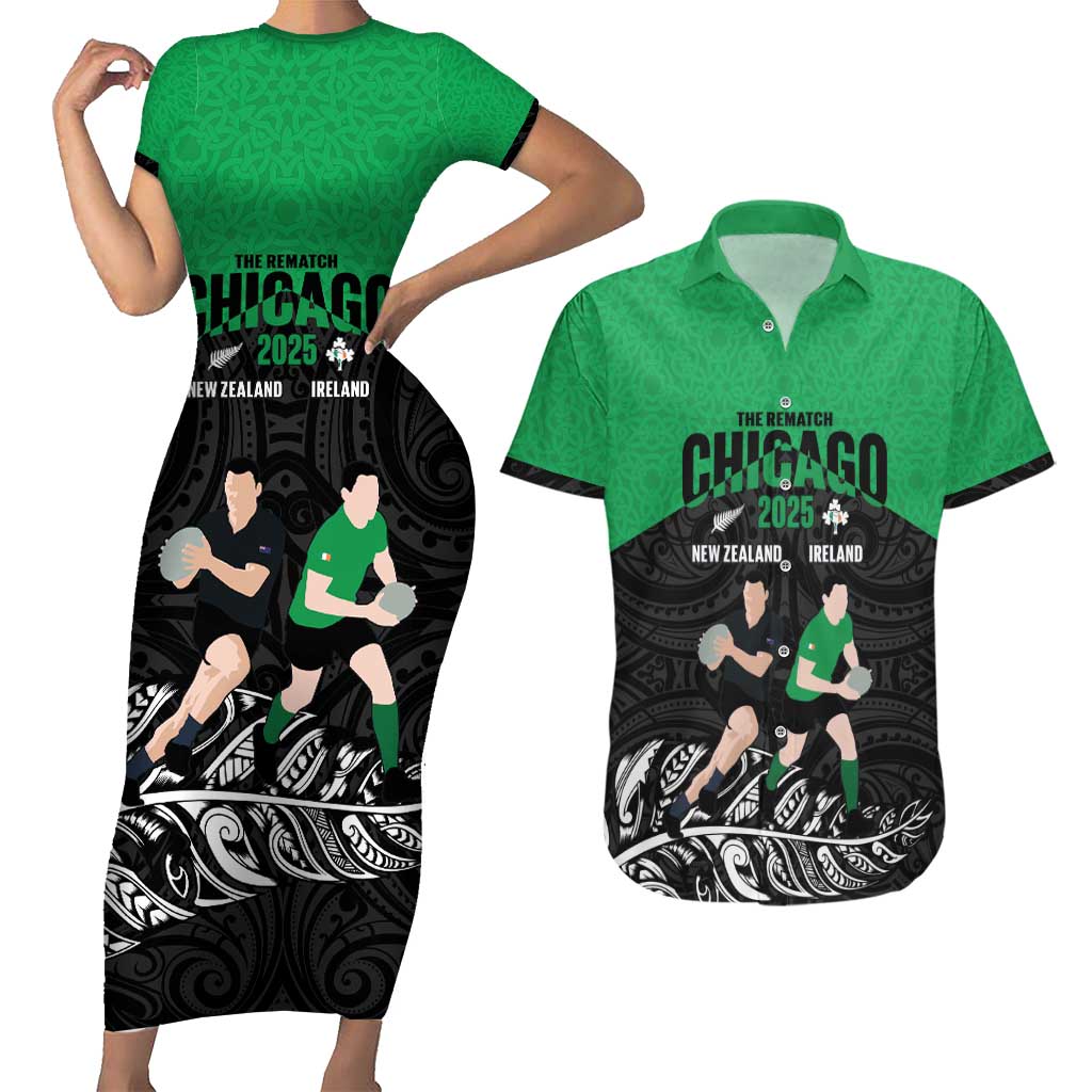New Zealand and Ireland Rugby Custom Couples Matching Short Sleeve Bodycon Dress and Hawaiian Shirt Chicago 2025 Go All Black Shamrocks - Aussie Hoodie