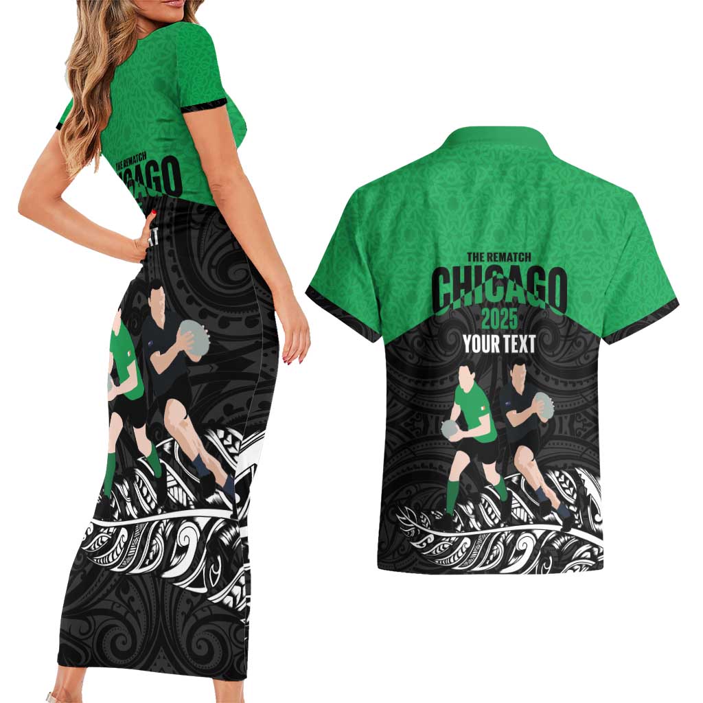 New Zealand and Ireland Rugby Custom Couples Matching Short Sleeve Bodycon Dress and Hawaiian Shirt Chicago 2025 Go All Black Shamrocks - Aussie Hoodie