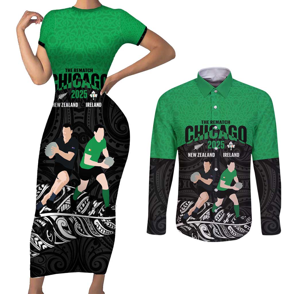 New Zealand and Ireland Rugby Custom Couples Matching Short Sleeve Bodycon Dress and Long Sleeve Button Shirt Chicago 2025 Go All Black Shamrocks - Aussie Hoodie