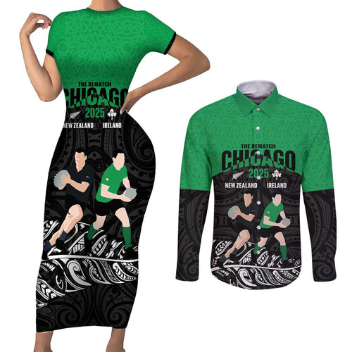 New Zealand and Ireland Rugby Custom Couples Matching Short Sleeve Bodycon Dress and Long Sleeve Button Shirt Chicago 2025 Go All Black Shamrocks - Aussie Hoodie