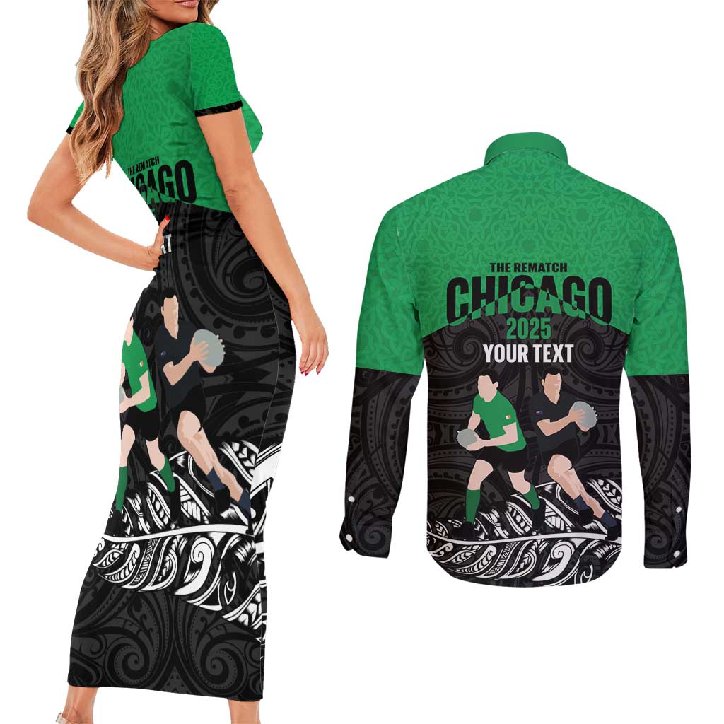 New Zealand and Ireland Rugby Custom Couples Matching Short Sleeve Bodycon Dress and Long Sleeve Button Shirt Chicago 2025 Go All Black Shamrocks - Aussie Hoodie