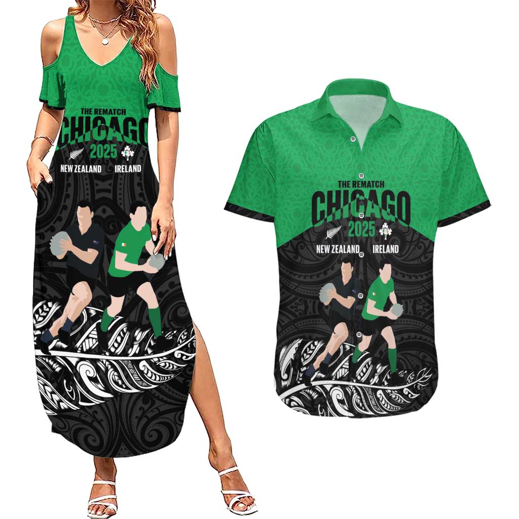 New Zealand and Ireland Rugby Custom Couples Matching Summer Maxi Dress and Hawaiian Shirt Chicago 2025 Go All Black Shamrocks - Aussie Hoodie