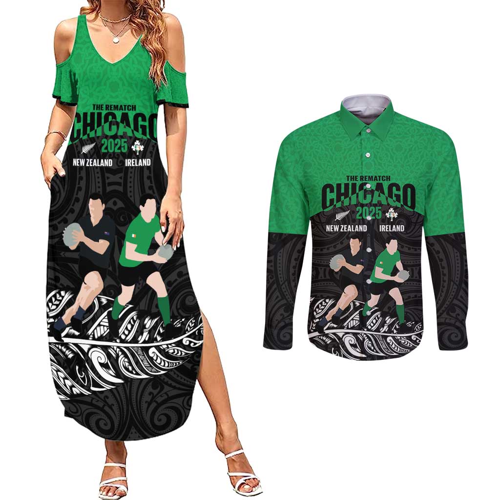 New Zealand and Ireland Rugby Custom Couples Matching Summer Maxi Dress and Long Sleeve Button Shirt Chicago 2025 Go All Black Shamrocks - Aussie Hoodie
