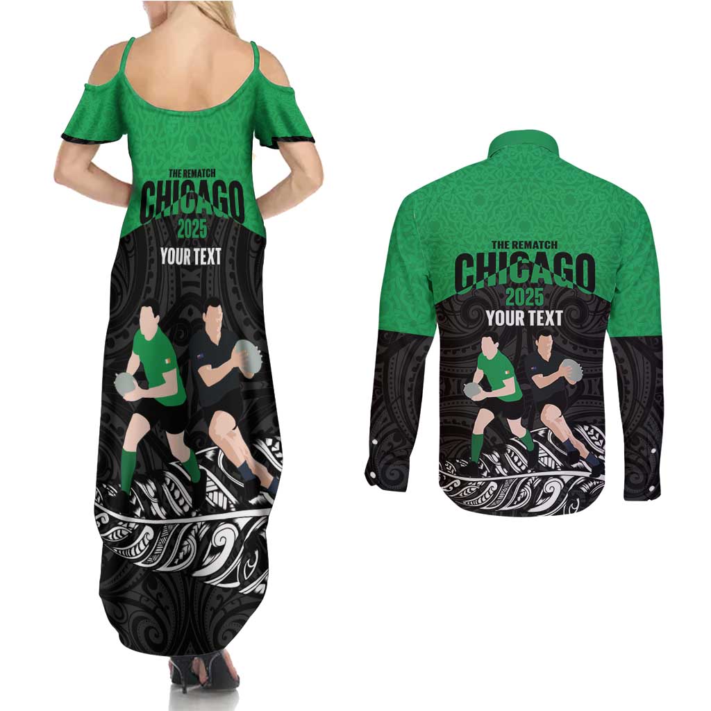 New Zealand and Ireland Rugby Custom Couples Matching Summer Maxi Dress and Long Sleeve Button Shirt Chicago 2025 Go All Black Shamrocks - Aussie Hoodie