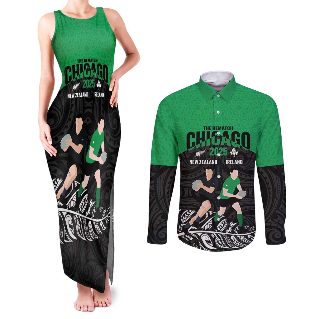 New Zealand and Ireland Rugby Custom Couples Matching Tank Maxi Dress and Long Sleeve Button Shirt Chicago 2025 Go All Black Shamrocks - Aussie Hoodie