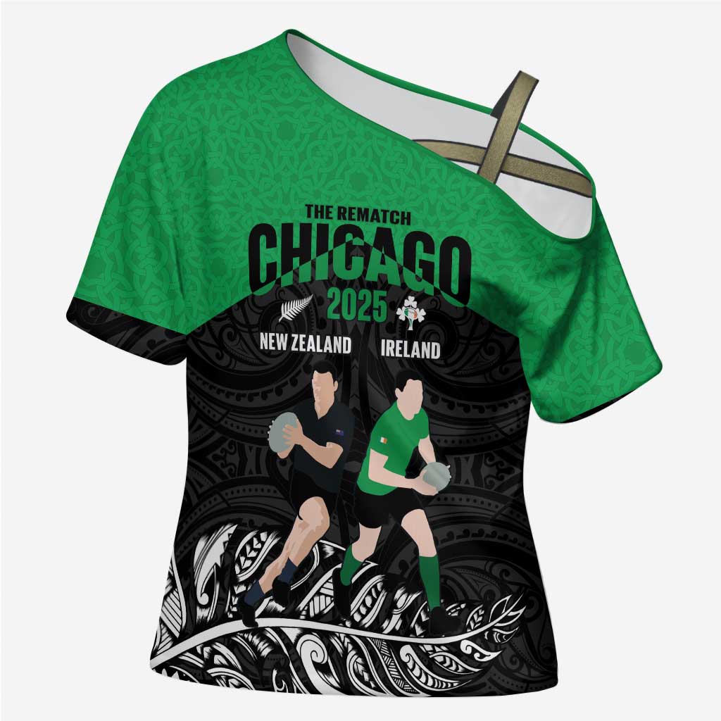 New Zealand and Ireland Rugby Custom Cross Shoulder Shirt Chicago 2025 Go All Black Shamrocks - Aussie Hoodie