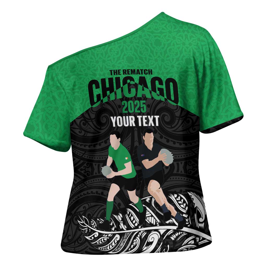 New Zealand and Ireland Rugby Custom Cross Shoulder Shirt Chicago 2025 Go All Black Shamrocks - Aussie Hoodie