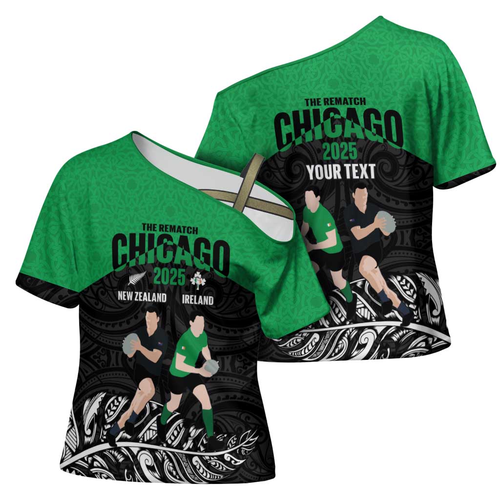 New Zealand and Ireland Rugby Custom Cross Shoulder Shirt Chicago 2025 Go All Black Shamrocks - Aussie Hoodie