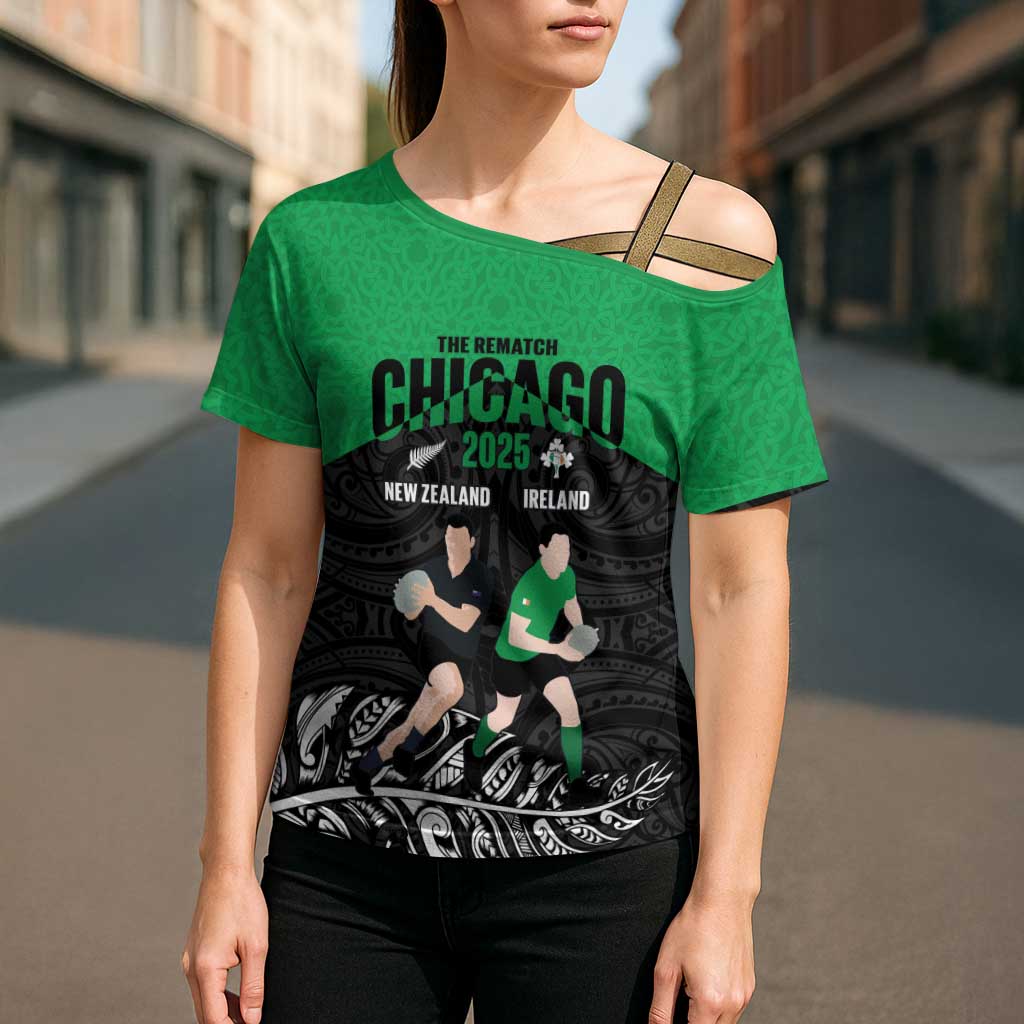 New Zealand and Ireland Rugby Custom Cross Shoulder Shirt Chicago 2025 Go All Black Shamrocks - Aussie Hoodie