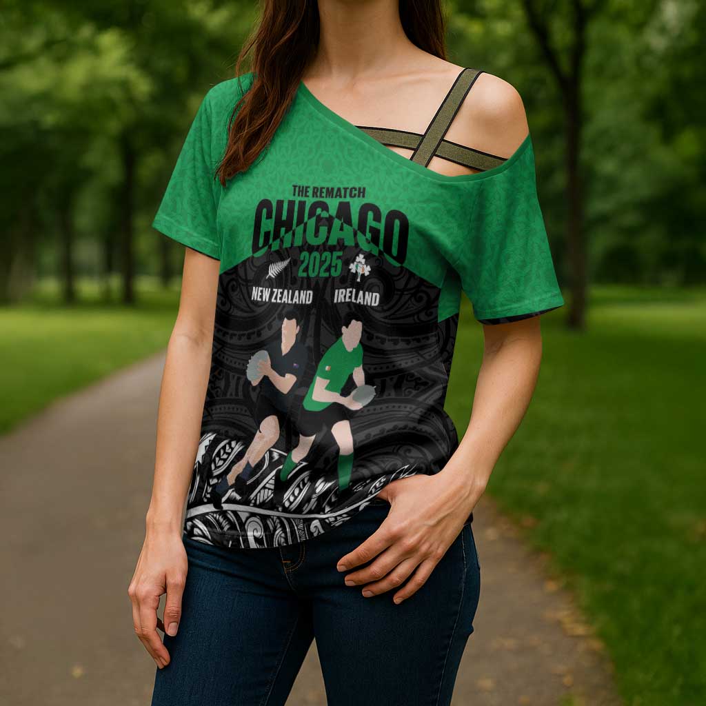 New Zealand and Ireland Rugby Custom Cross Shoulder Shirt Chicago 2025 Go All Black Shamrocks - Aussie Hoodie