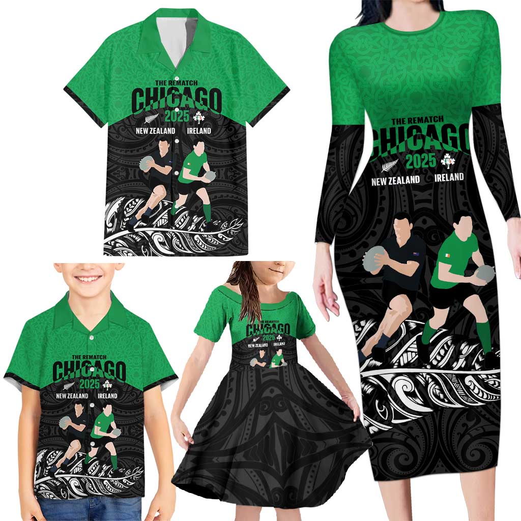 New Zealand and Ireland Rugby Custom Family Matching Long Sleeve Bodycon Dress and Hawaiian Shirt Chicago 2025 Go All Black Shamrocks - Aussie Hoodie