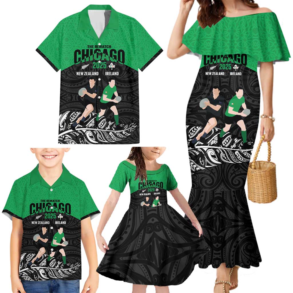 New Zealand and Ireland Rugby Custom Family Matching Mermaid Dress and Hawaiian Shirt Chicago 2025 Go All Black Shamrocks - Aussie Hoodie
