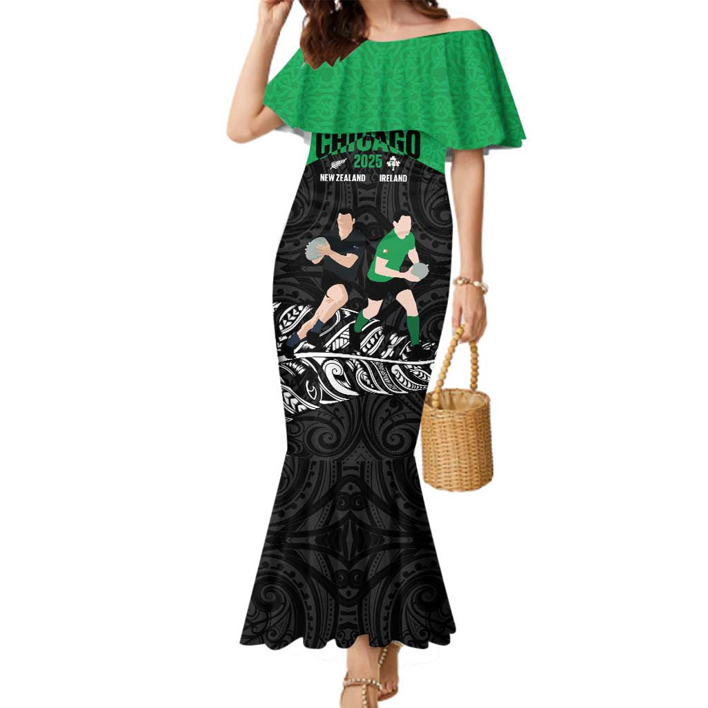 New Zealand and Ireland Rugby Custom Family Matching Mermaid Dress and Hawaiian Shirt Chicago 2025 Go All Black Shamrocks - Aussie Hoodie