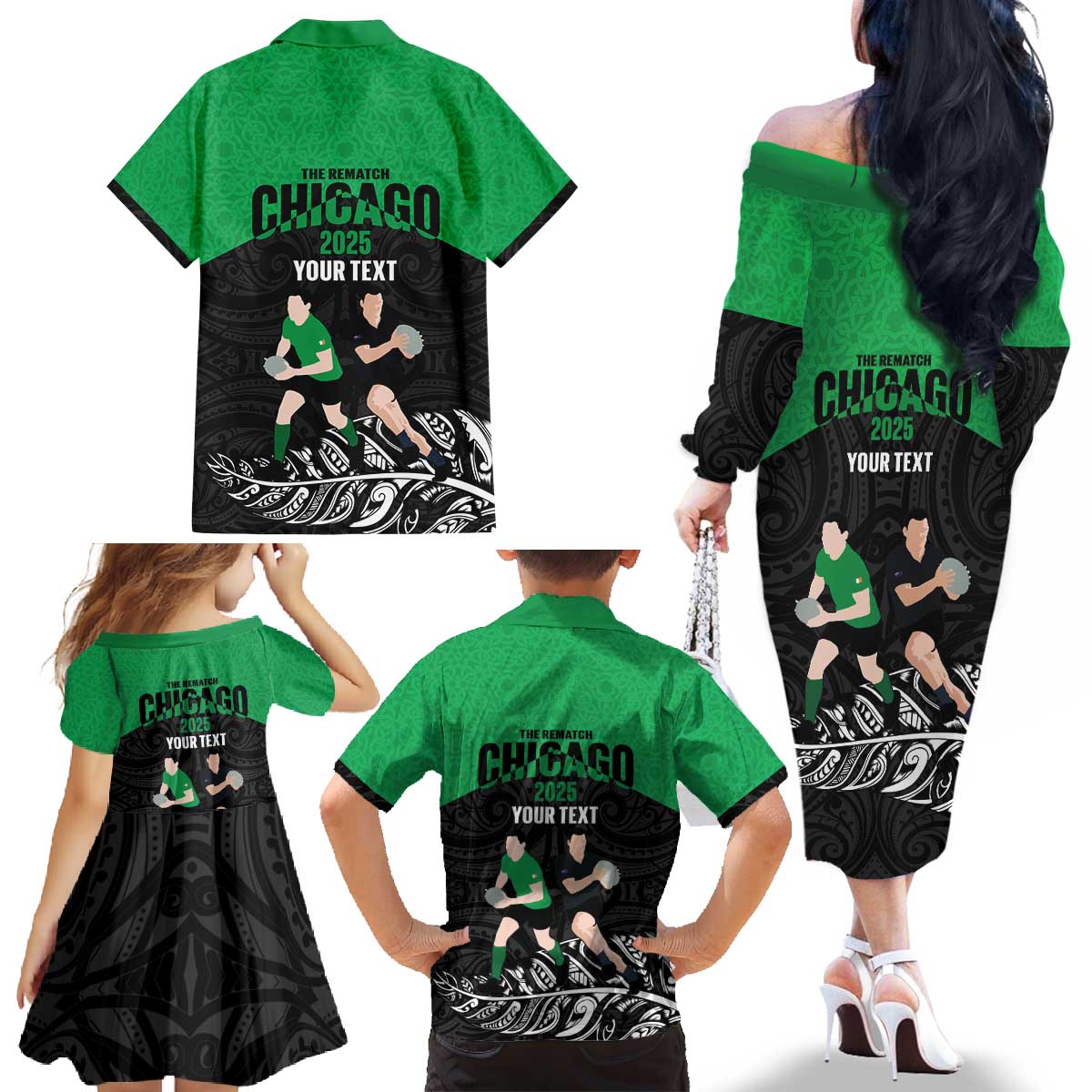 New Zealand and Ireland Rugby Custom Family Matching Off The Shoulder Long Sleeve Dress and Hawaiian Shirt Chicago 2025 Go All Black Shamrocks - Aussie Hoodie