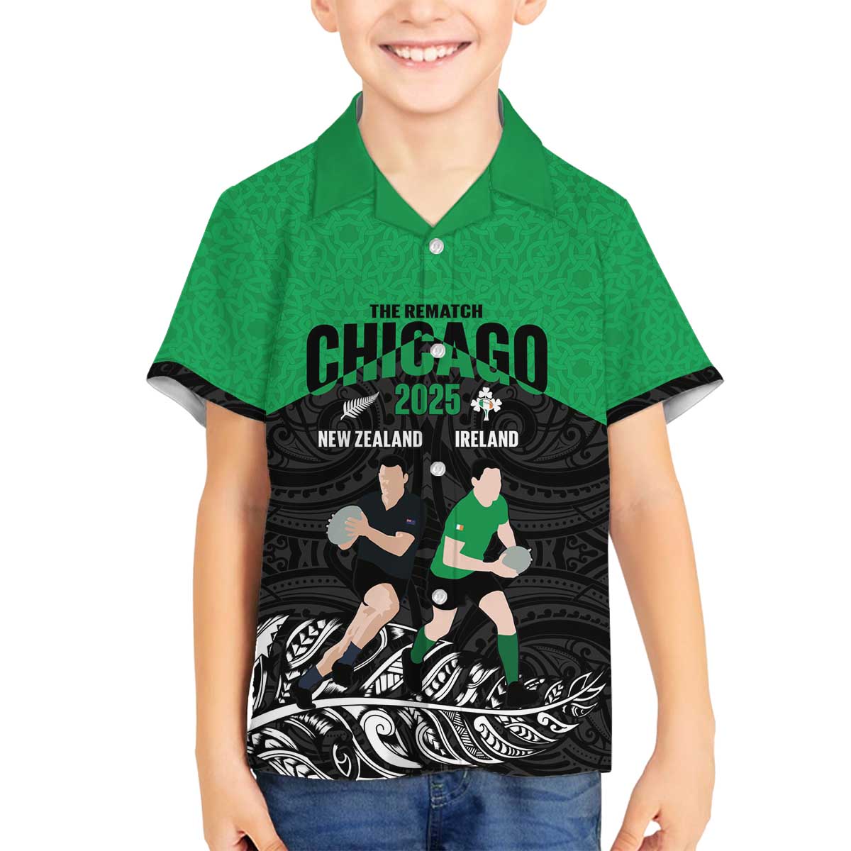 New Zealand and Ireland Rugby Custom Family Matching Off The Shoulder Long Sleeve Dress and Hawaiian Shirt Chicago 2025 Go All Black Shamrocks - Aussie Hoodie