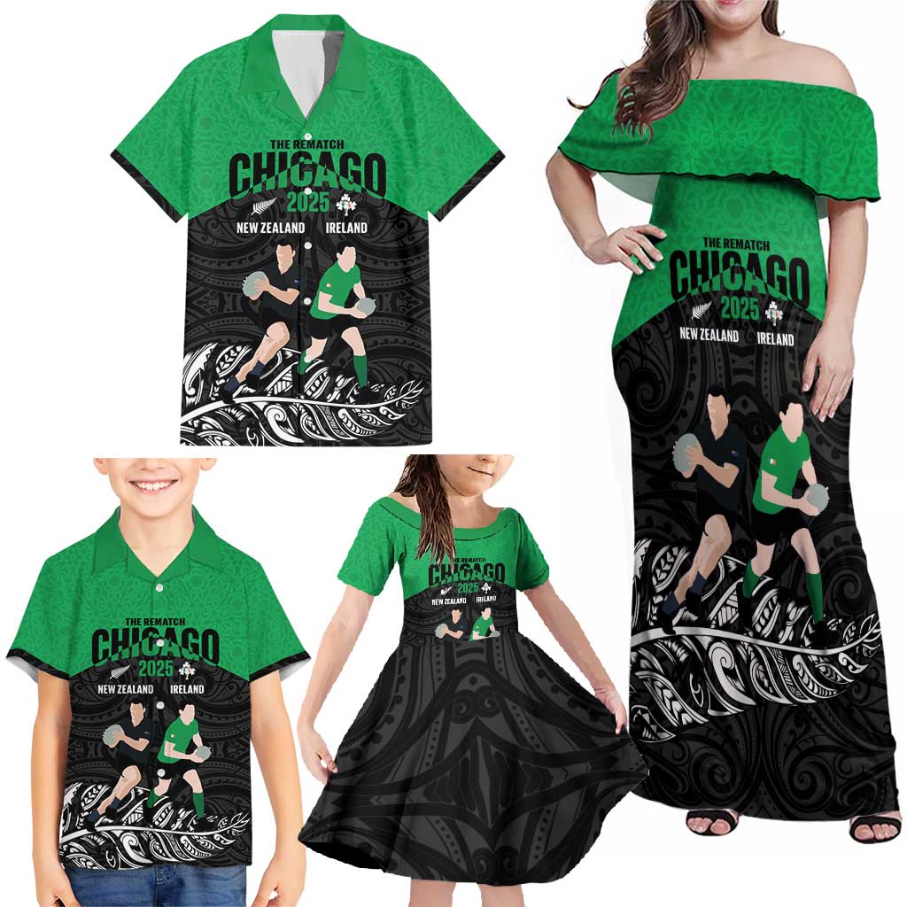 New Zealand and Ireland Rugby Custom Family Matching Off Shoulder Maxi Dress and Hawaiian Shirt Chicago 2025 Go All Black Shamrocks - Aussie Hoodie