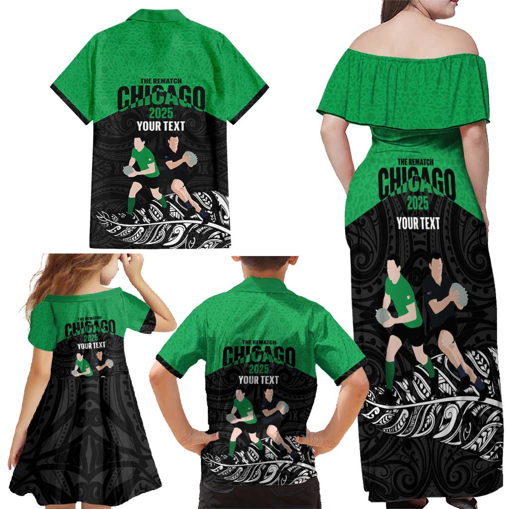 New Zealand and Ireland Rugby Custom Family Matching Off Shoulder Maxi Dress and Hawaiian Shirt Chicago 2025 Go All Black Shamrocks - Aussie Hoodie