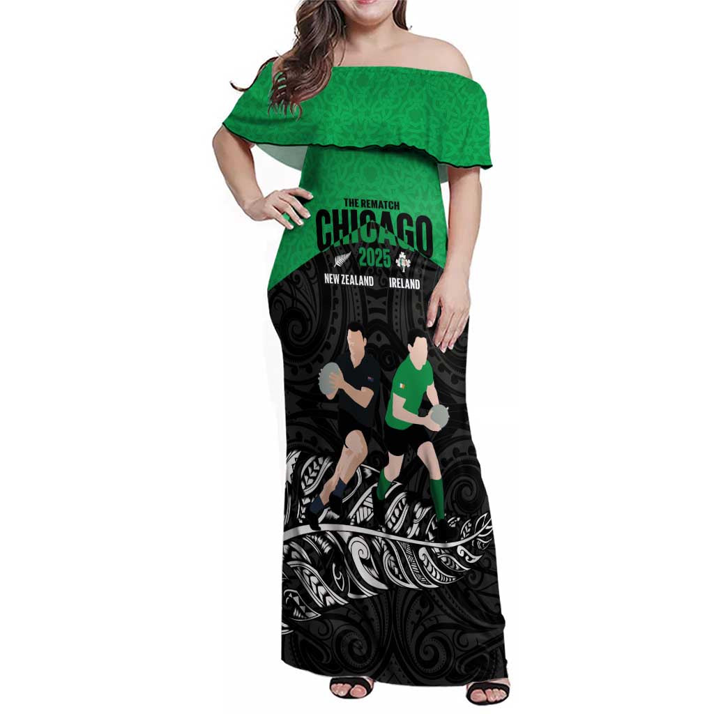 New Zealand and Ireland Rugby Custom Family Matching Off Shoulder Maxi Dress and Hawaiian Shirt Chicago 2025 Go All Black Shamrocks - Aussie Hoodie