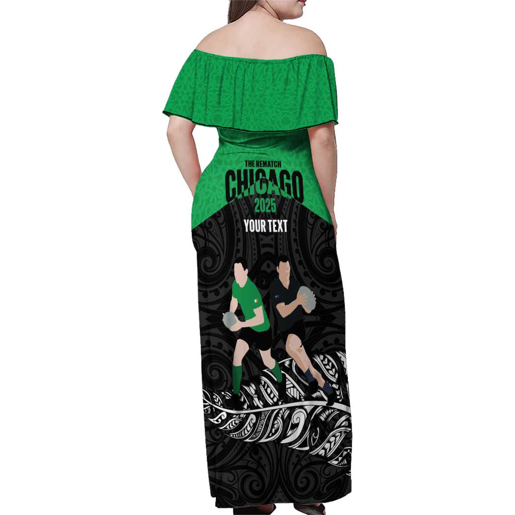 New Zealand and Ireland Rugby Custom Family Matching Off Shoulder Maxi Dress and Hawaiian Shirt Chicago 2025 Go All Black Shamrocks - Aussie Hoodie