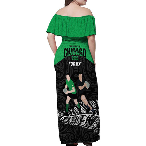 New Zealand and Ireland Rugby Custom Family Matching Off Shoulder Maxi Dress and Hawaiian Shirt Chicago 2025 Go All Black Shamrocks - Aussie Hoodie