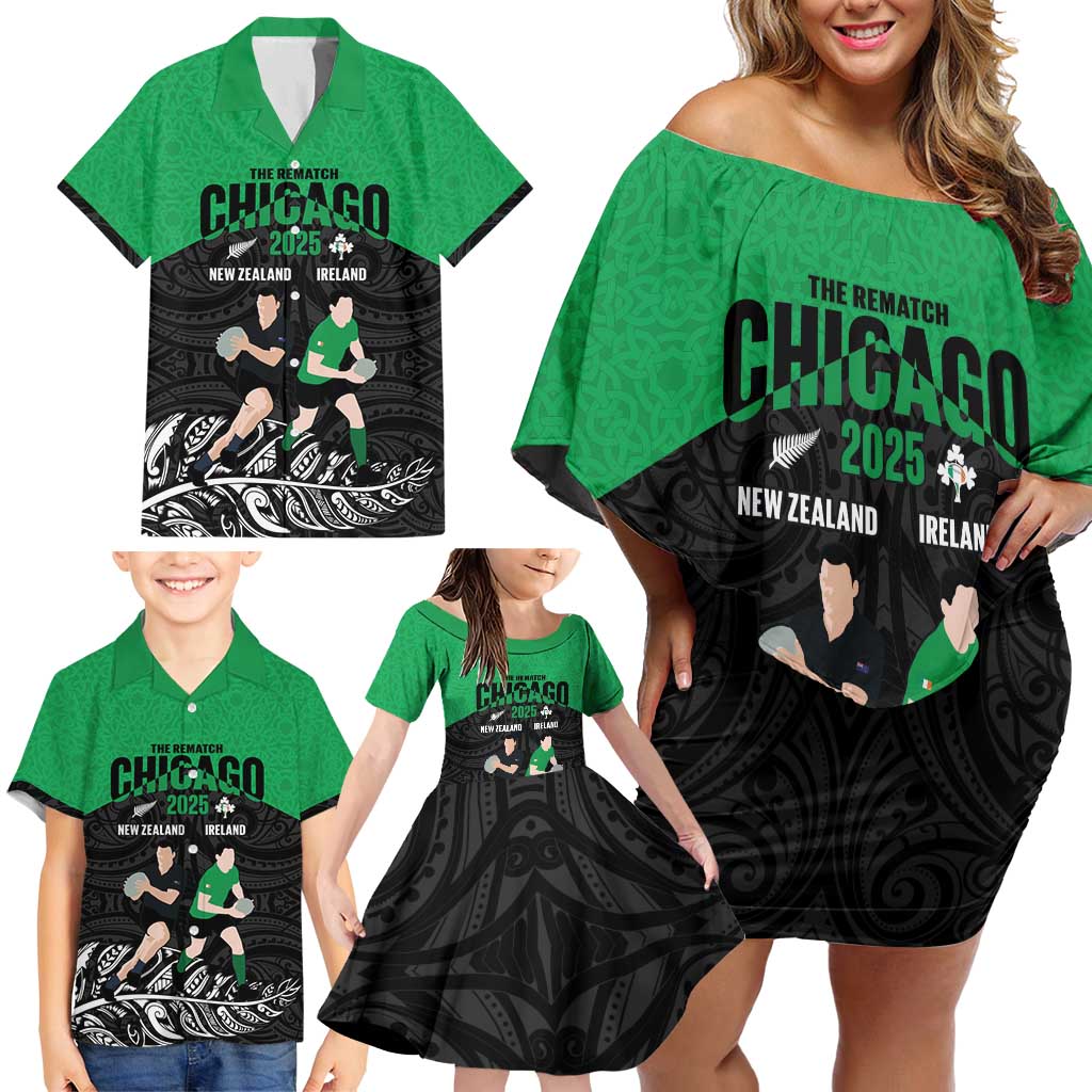 New Zealand and Ireland Rugby Custom Family Matching Off Shoulder Short Dress and Hawaiian Shirt Chicago 2025 Go All Black Shamrocks - Aussie Hoodie