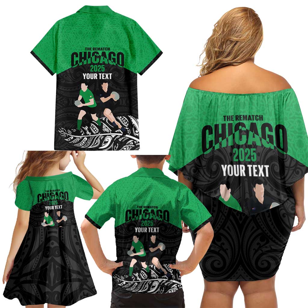 New Zealand and Ireland Rugby Custom Family Matching Off Shoulder Short Dress and Hawaiian Shirt Chicago 2025 Go All Black Shamrocks - Aussie Hoodie