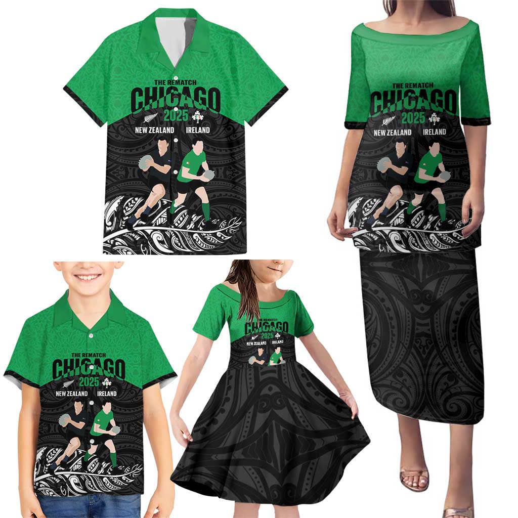 New Zealand and Ireland Rugby Custom Family Matching Puletasi and Hawaiian Shirt Chicago 2025 Go All Black Shamrocks - Aussie Hoodie